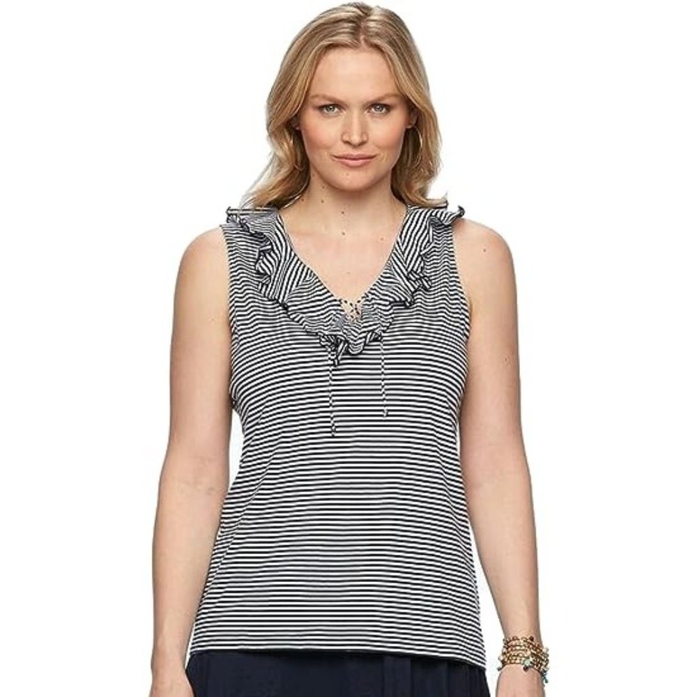 Lauren Ralph Lauren Women Striped Blouse Top Ruffle Around Collar Black White PL